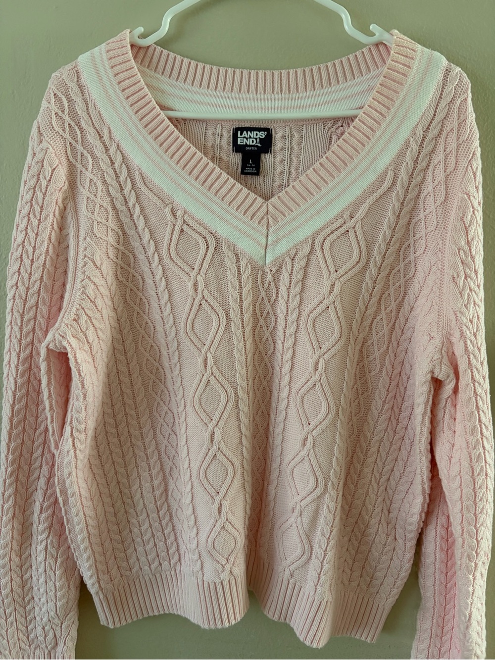 Lands' End Women's Light Pink Cable V-Neck Sweater with Cream Trim